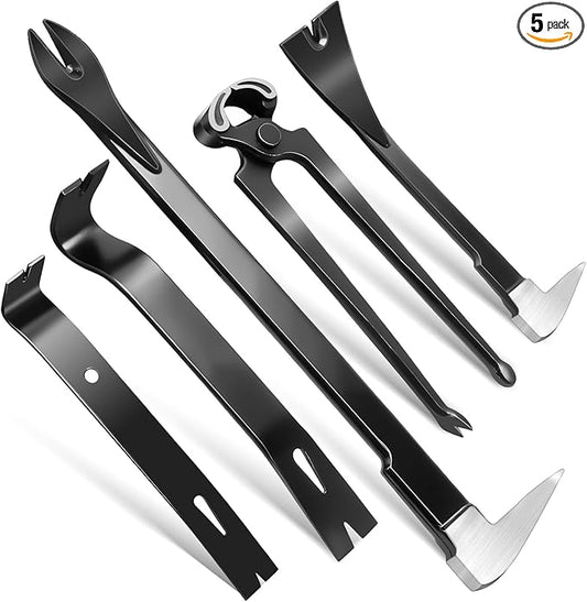 Pry Bar Set, 5 Pcs Utility Prybars Set with 12"竊?" Nail Puller, 7"竊?" Flat Pry Bar, 8" End Cutting Pliers, Carbon Steel Nail Puller Tool, Heavy Duty Crowbar Tool for Prying, Lifting, Pulling, Scraping