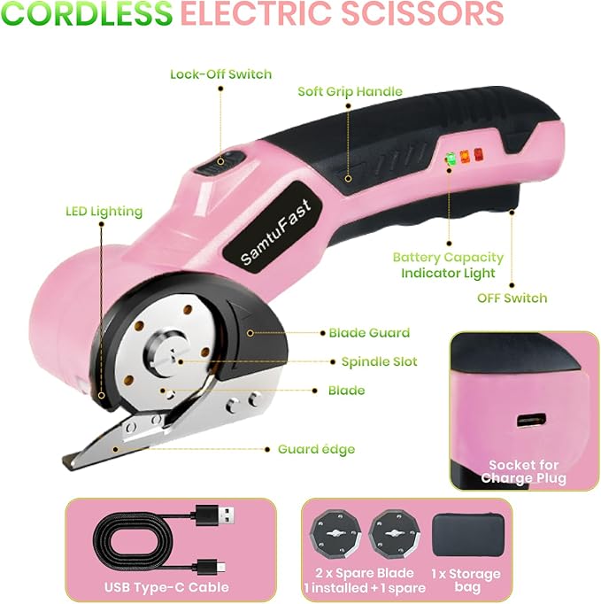 Cordless Electric Scissors, 4V Rechargeable Cardboard Box Cutter with Storage Box,2 Blades,USB Charging Cable, Powerful Rotary Cutters for Carton Plastic Fabric Leather Carpet(Pink)