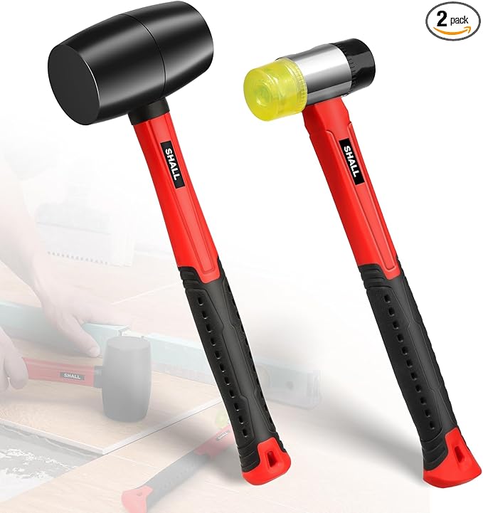 SHALL 2-Piece Rubber Mallet Hammer Set, 16oz Rubber Hammer Mallet & 40mm Double-Faced Soft Mallet, Shockproof Fiberglass Handle with Cushion Grip, Damage-Free to Flooring, Tile, Crafts and Wood Work