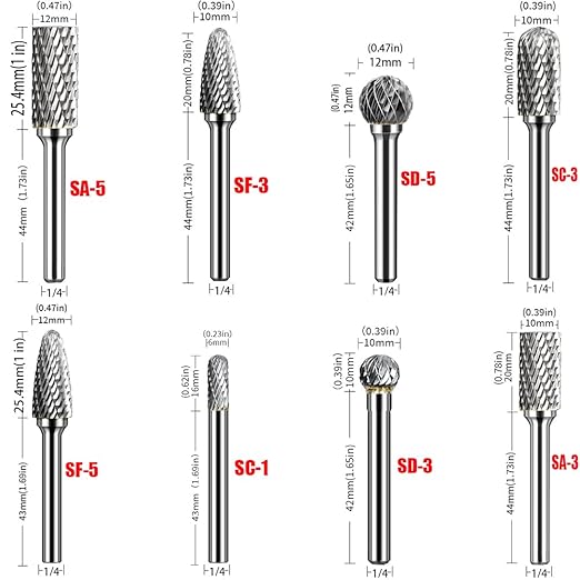Carbide Burr Set 1/4'' Shank Die Grinder Bits Double Cut Solid Tungsten Carbide Burr Bits for Die Grinder Metal Carving Polishing Drilling Grinding Milling Cutting (8pcs)