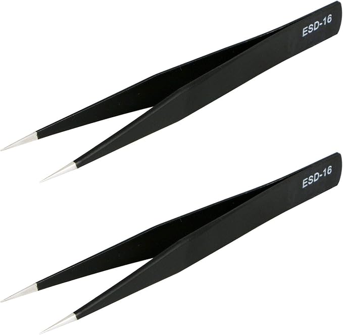 Aoje-Link ESD-16 Professional Anti-Static Precision Technology Tweezers, Non-magnetic Straight Pointed Tip, Stainless Steel Plastic Coated, Full Length 125mm, Black, 2pcs