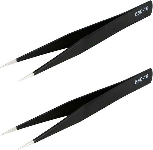 Aoje-Link ESD-16 Professional Anti-Static Precision Technology Tweezers, Non-magnetic Straight Pointed Tip, Stainless Steel Plastic Coated, Full Length 125mm, Black, 2pcs