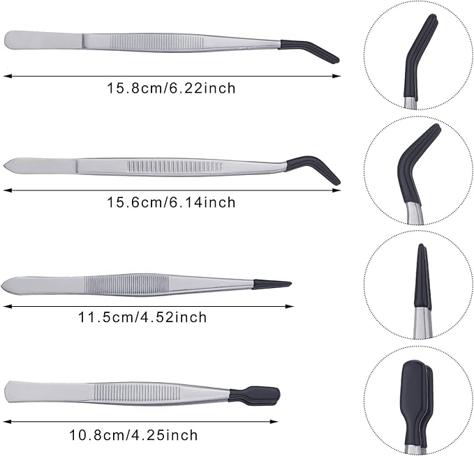 DragonflyDreams 4 Pieces Tweezers with Rubber PVC Coated Set, Straight Tip Tweezers Rubber Flat Tip Long Bent Tweezer for Crafts Stamps Beads Jewelry Tools (Rubber Tweezer)