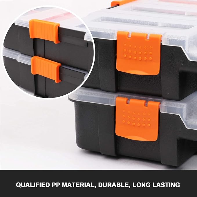 Makitoyo Tool Box Organizers, Interlocking Black Small Parts Organizer for Fasteners, Parts and Crafts w/Removable Dividers, 2 Pieces Pack, Black & Orange,15?쒵횞11.6?쓂횞2.6?쒱