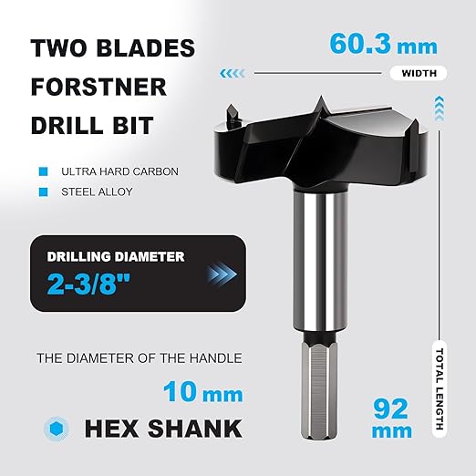 2-3/8 Inch Forstner Drill Bit Carbide Tipped,Woodworking Hinge Cutter for Precise Flat Bottom Holes in Hard Wood,Plywood,Plastic - Professional Grade