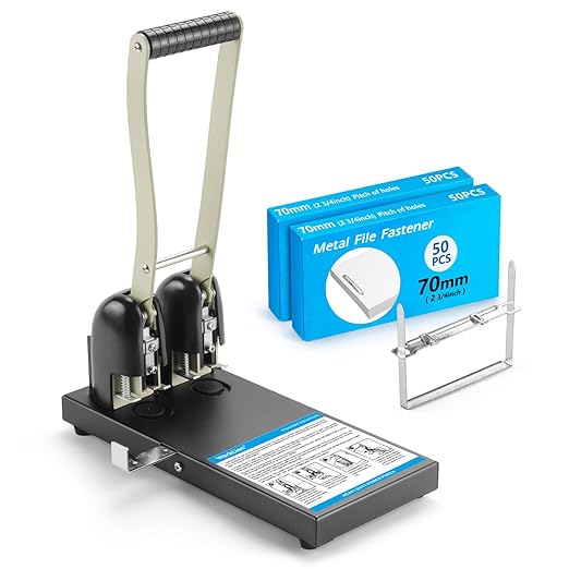 Heavy Duty 2 Hole Punch for Binder:Worklion Metal Power Two Hole Paper Puncher, 150 Sheets Capacity,2 3/4"(70 mm) Hole Distance, with 100PCS Paper Fasteners
