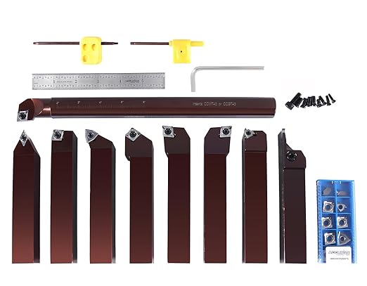 Accusize Industrial Tools 1" Shank, 9-Piece Indexable Turning & Boring Set, Uncoated Sharp-Edge Carbide Inserts for Aluminum, 3988-0001