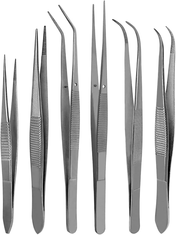 Fine Point - Micro Tweezers Forceps - Splinter Remover Pliers Stainless Steel Straight & Curved, Sets (6 pcs Set (3Str/3cud))