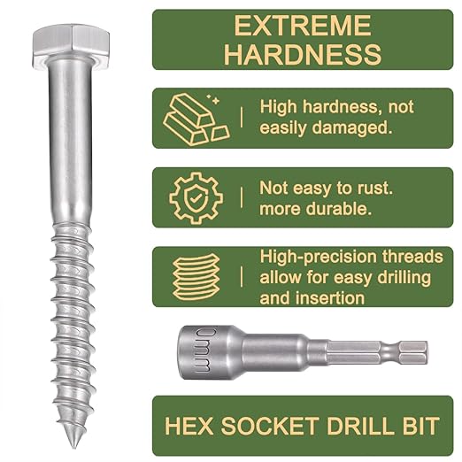 25 Pcs M6x2 Inch Exterior Lag Screw Kit 304 Stainless Steel 18-8 Lag Screws for Outdoor Installation Garden Tables Chairs Outdoor Fences