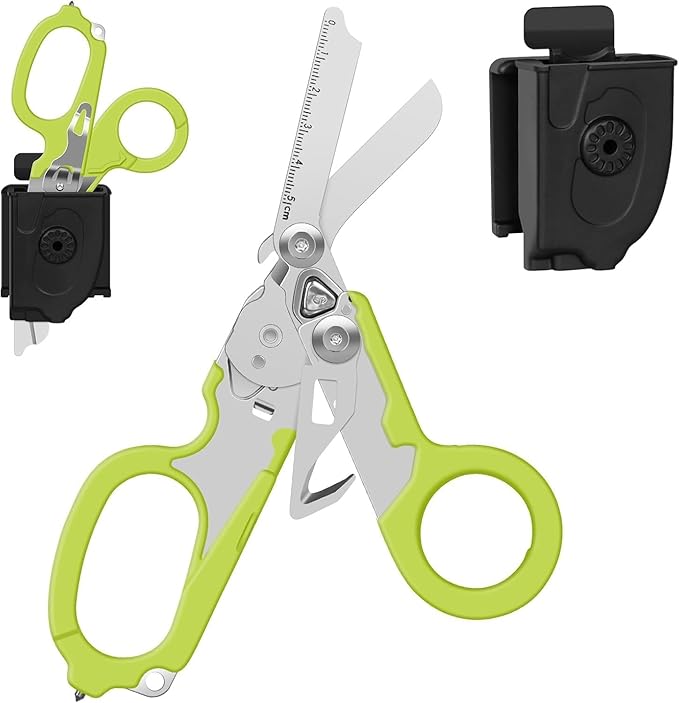 6-in-1 Heavy Duty Emergency/Trauma Shears, with Carbide Glass Breaker, Ring Cutter, Foldable, Stainless Steel Multi-Purpose Scissors for Hospital, Home, Camping, and Travel Rescue Tools (Green)
