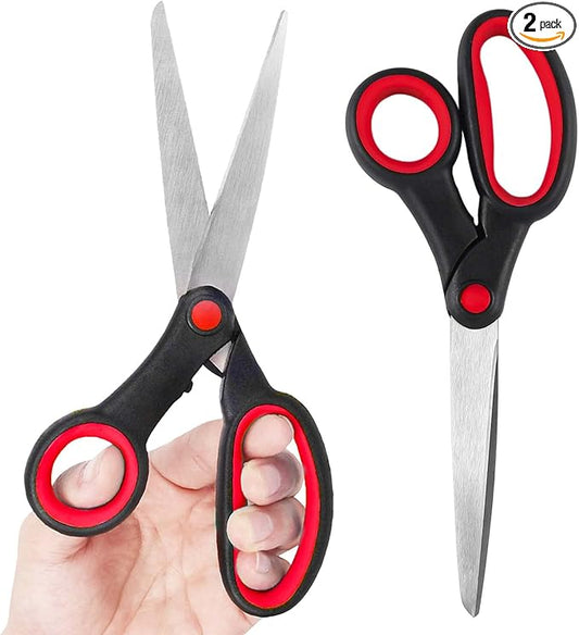 Left Handed Scissors for Kids Student, 8 Inch Lefty Scissors Bluk for Adults, All Purpose Sharp Blades Shears Set of 2 Pack, Great for Craft, Office, Sewing Fabric, Arts, School and Home, Black/Red