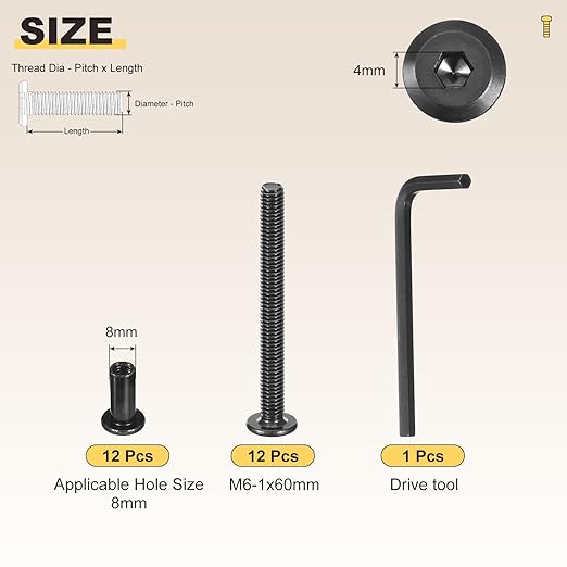 METALLIXITY Furniture Crib Screws Replacement Set with Wrench(M6-1x60mm) 25Pcs, Connector Bolts M6 Screw Barrel Nuts Binding Screws, for Chair Cabinet Bed, Black
