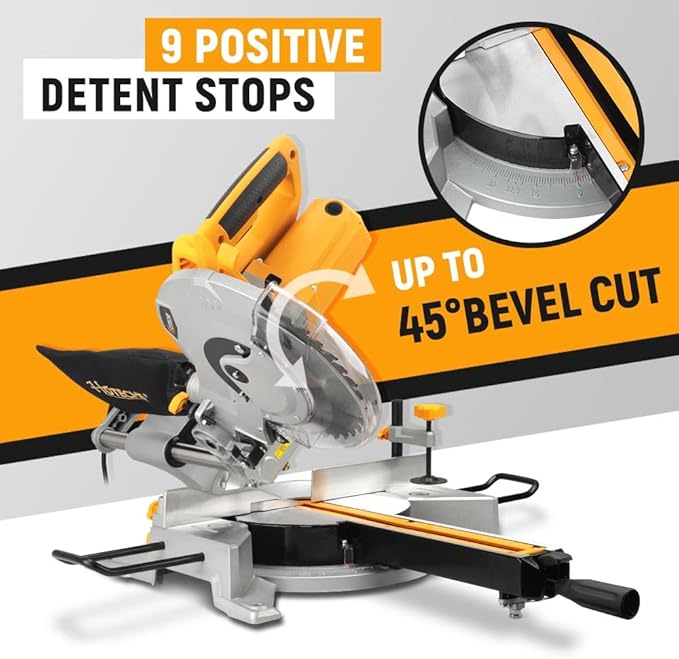 Hoteche 10-Inch Sliding Compound Miter Saw 15-Amp Single Bevel Power Chop Saw with Laser Guide for Wood and Metal Working
