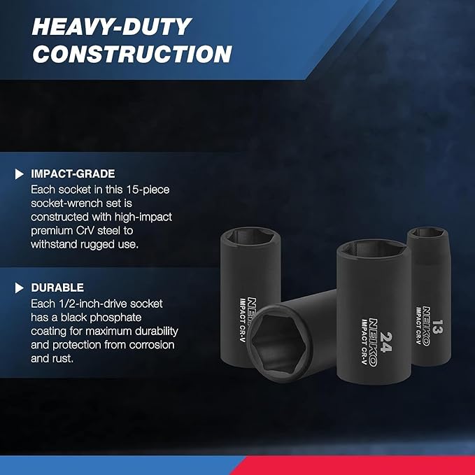 NEIKO 02474A 1/2" Impact Socket Set, 15 Piece Metric Socket Set 10-24 mm, Deep Sockets, 6 Point, 1/2??Drive Sockets for 1/2" Impact Wrench, Chrome Vanadium Cr-V