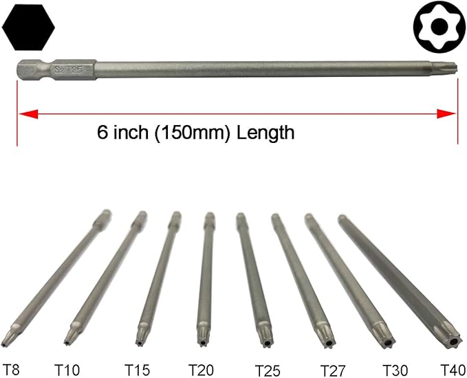 Long Torx Security Screwdriver Bit Sets 6 Inch Length T8 T10 T15 T20 T25 T27 T30 T40 S2 Steel Torx Security Head Drill Screw Driver Drill Set (8Pcs 150mm)