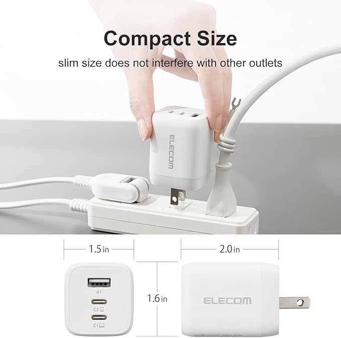 ELECOM 65W USB C Wall Charger Block, 3 Multi Port GaN II Fast Charging, Light Compact Power Adapter for Multiple Devices, iPhone, Laptop, Tablet, iPad, Airpods, Watch, Speakers, Samsung (White)