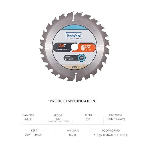 Luckyway 6-1/2 Inch Circular Saw Blade 24T Framing with 5/8 Inch Arbor TCT(Tungsten Carbide Tipped) Saw Blade for Cutting Wood 3-Pack