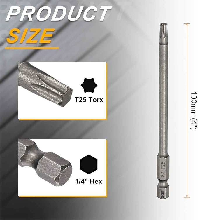 HARFINGTON 2pcs T25 Torx Head Screwdriver Bit 1/4" Hex Shank 4" (100mm) Long Magnetic No Hole Tip Tamper Proof 6 Point Star Screw Driver Drill Bits S2 Steel Industrial Power Screwdrivers