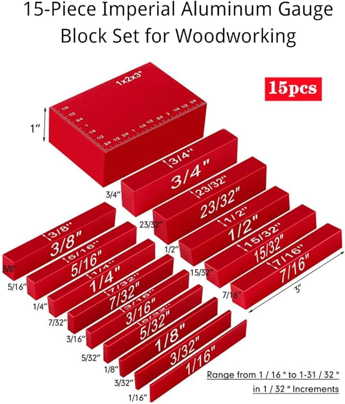 15-Piece Imperial Aluminum Gauge Block Set for Woodworking, Red, 1/16" to 1-31/32" Range, Precision Calibration with Laser Etched Font, Includes Storage Case