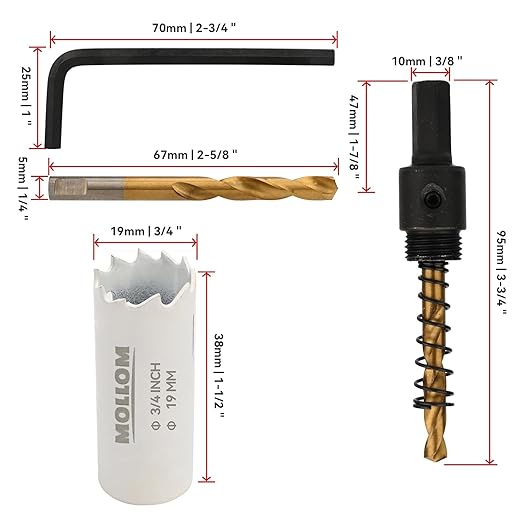 Mollom (19mm | 3/4") HSS M42 with 8% Cobalt BI-Metal Hole Saw with 2 Pilot Drill Bits & Arbor Smooth Cutting for PVC,Drywall,Wood,Plastic,Gypsum Board,Rubber