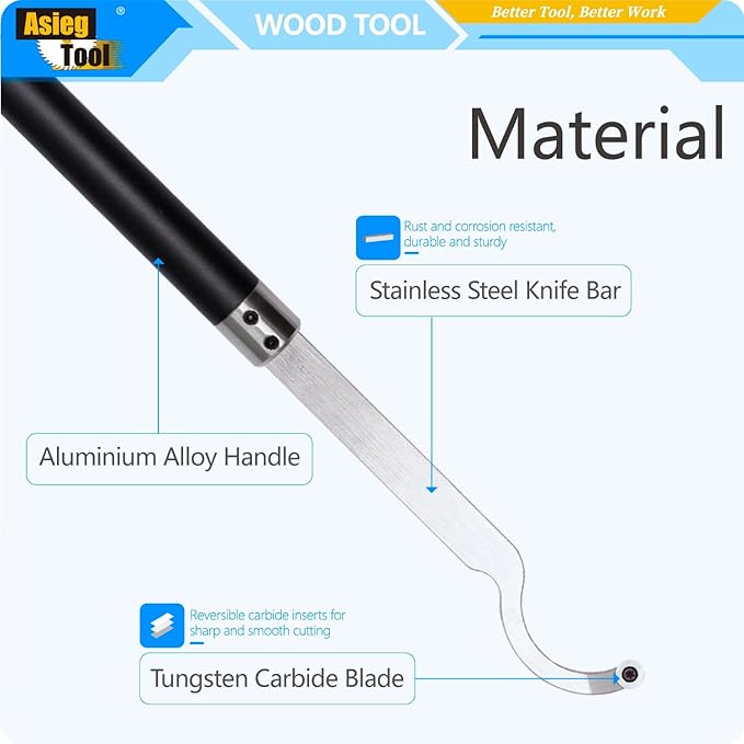 Carbide Tipped Wood Turning tools set Lathe Rougher Finisher Detailer Swan Neck Hollower Tools and Interchangeable Aluminum Alloy Grip Handle with Diamond Round Square Carbide Inserts AT04