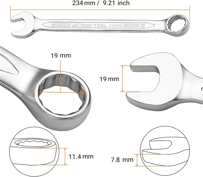 Jetech 19mm Combination Wrench - Industrial Grade Spanners with 12-Point Design, 15-Degree Offset, Made with Durable Chrome Vanadium Steel in Sand Blasted Finish, Forged, Heat-Treated, Metric