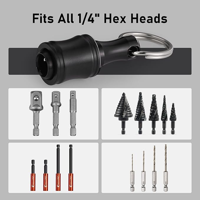 Valkynos 12Pcs Bit Holder Key Chain, Drill Bit Holder for 1/4 Hex Shank Bits, Impact Bit Holders for Screwdriver Bit Set Flexible Drill Bit Extension, w/Black Carabiner Gifts for Men