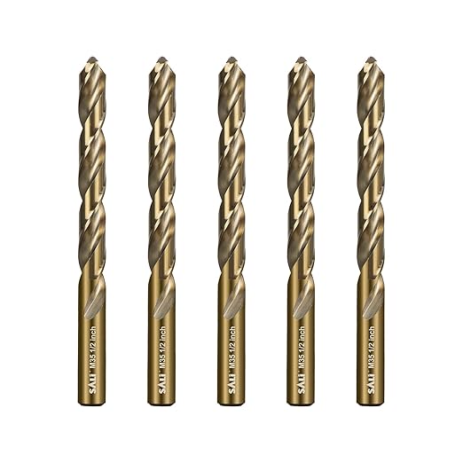 SALI Cobalt Drill Bit Set, 5Pcs 1/2" M35 High Speed Steel Jobber Length Drill Bit Kit for Hardened Metal, Stainless Steel, Cast Iron, Wood and Plastic, with Index Storage Case