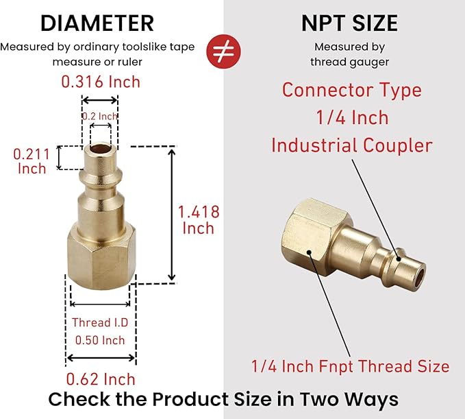 Air Hose Fittings And Quick Connect Air Fittings, 1/4 Inch NPT Brass Female Male Air Coupler Plug (10 Piece) Industrial Type D, Air Compressor Fittings (Female and Male Plug)