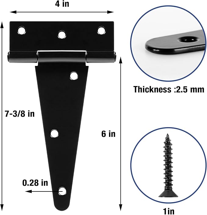 6 Inch Shed Door Hinges T-Strap Gate Hinge Heavy Duty 2 Pack Barn Farm Fence Tee Hinges for Doors Outdoor Kitchen Wood Cabinet Interior Exterior Window Bar Shop Matte Blake Door Hinge Hardware Kit
