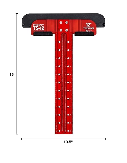 Woodpeckers T Square, 12 Inch, Precision Woodworking T-Square Ruler, Built-in Edge Support, Scribing & Shelf Pin Guides, Rack-It Mount, Made in USA