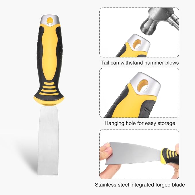 uxcell Putty Knife 1" High Carbon Steel Paint Scraper Flexible Drywall Repair Mud Knife for Removing Cement Wallpaper Mud Adhesive Taping with Metal Hammer End