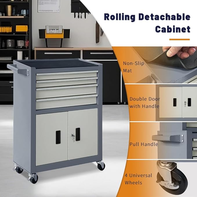 13-Drawer Rolling Tool Chest with Double Doors, 2 in 1 Detachable Rolling Tool Chest with Drawers, Mobile Tool Cabinet Combo, Metal Large Lockable Tool Box for Garage Workshop (Gray)