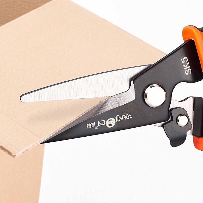 Heavy Duty Scissors, 9 Inch Multipurpose Carpet Cutting Scissors with Finely Serrated, Steel Shears Spring Loaded Snips for industry home for Copper Wire, Cardboard, Fabric, Tree Branches