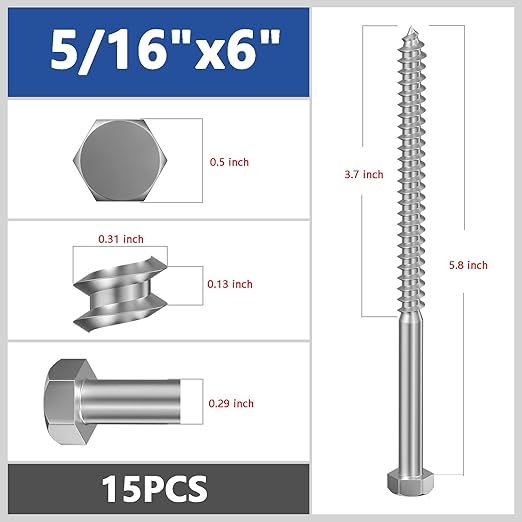 Lag Screws Wood Screws (15PCS, 5/16"x6", Silver) Hex Head Lag Bolts,(8x150) Heavy Duty Lag Screws,304 Stainless Steel Bolts 18-8