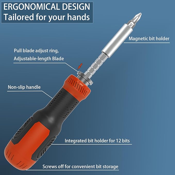 Multi-bit Screwdriver, 13-in-1 Screw Driver Adjustable Mini Screwdriver Set Multitool All in One with Torx Security, Phillips, Hex, Flat Head, Square and 1/4 Nut Driver (Red)