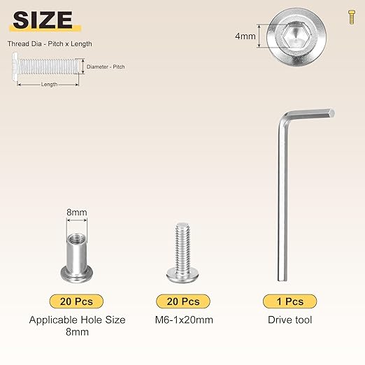 METALLIXITY Furniture Crib Screws Replacement Set with Wrench(M6-1x20mm) 20Pcs, Connector Bolts M6 Screw Barrel Nuts Binding Screws, for Chair Cabinet Bed, Silver