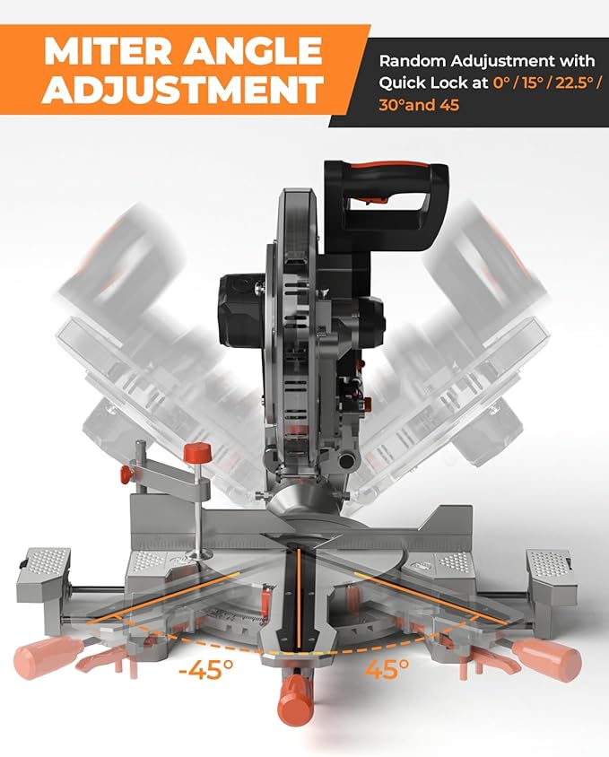 DWT 12-inch Compound Miter Saw with Double Bevel Cutting (-45/0/+45), Laser Guide, 9 Positive Stops, 3800RPM, 15Amp Miter Saw with Extension Table, 4.2x13in Cutting Capacity