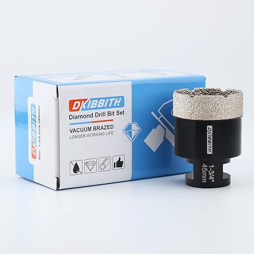 DKIBBITH 1-3/4'' Diamond Hole Saw, Vacuum Brazed Core Bit for Granite Tile Quartzite Marble Concrete Porcelain Ceramic Stones with 5/8-11 Thread Angle Grinders and 3/8??Hex Shank Electric Drills