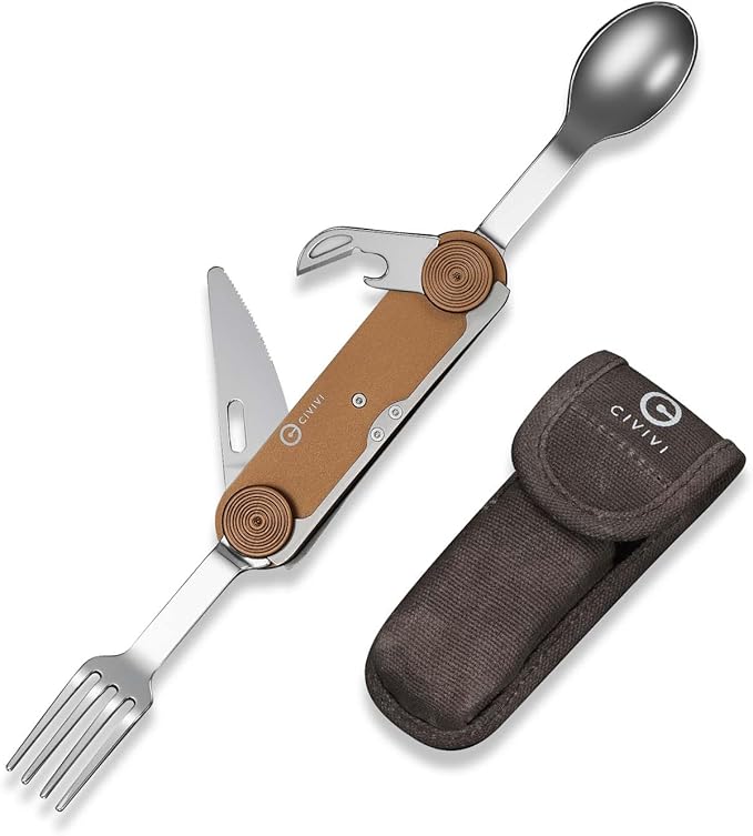 CIVIVI Partake 4-in-1 Camping Utensil, Detachable Stainless Steel Folding Knife, Fork, Spoon & Bottle Opener Multi-Tool, with Waxed Canvas Pouch for Travel Camping Hiking, C24032C-2, Coyote Brown