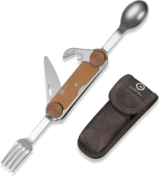 CIVIVI Partake 4-in-1 Camping Utensil, Detachable Stainless Steel Folding Knife, Fork, Spoon & Bottle Opener Multi-Tool, with Waxed Canvas Pouch for Travel Camping Hiking, C24032C-2, Coyote Brown