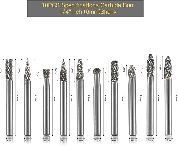 Carbide Burr Set 10PC 1/4" Shank ??6mm Tungsten Double Cut Carbide Rotary Burr Set for Metal and Wood Carving, Grinding, Polishing, Engraving, Drilling.