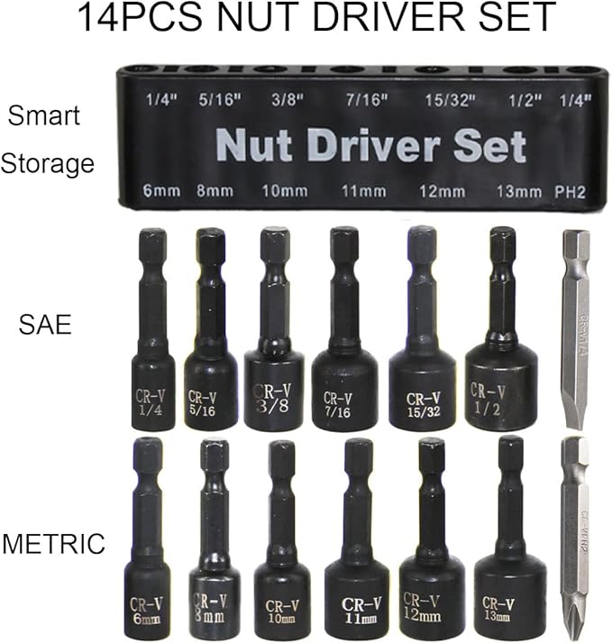 MacWork 14PCS Magnetic Hex Nuts Driver Set for Impact Drill, CR-V Steel, SAE 1/4" to 15/32", Metric 6mm to 13mm, 1/4" Hex Shank Drill Bit Set Screwdriver Socket Set