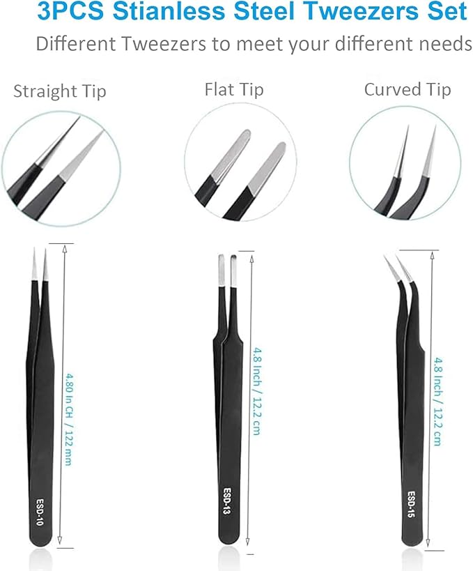 YHYZ High Precision Tweezers Set (3PCS), Anti-Static Stainless Steel Precise Tweezers (Fine, Curved, Flat), Perfect for Craft, Electronic, Soldering, Model, Hobby, Jewelry Making, Laboratory
