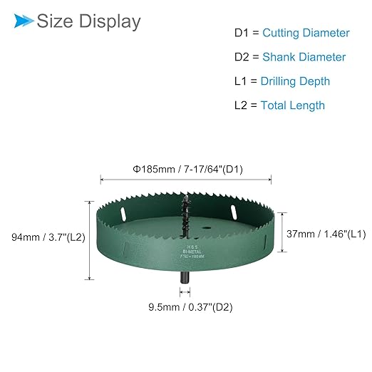 Bi-Metal Hole Saw, 185mm 7-17/64 Inch Dia Hole Saw, High Speed Steel Cutter - (Applications: for Wood Brass Zinc), 1-Pieces
