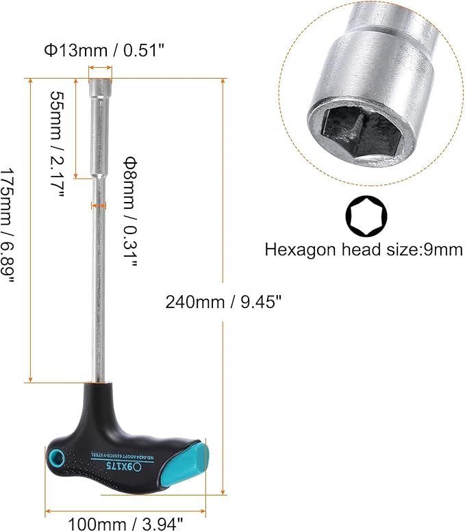 HARFINGTON T-Handle Metric Nut Driver 9mm Dia 175mm Shank 6 Point Hex Socket Screwdriver with Non-Slip Handle for Tightening and Loosening Fasteners