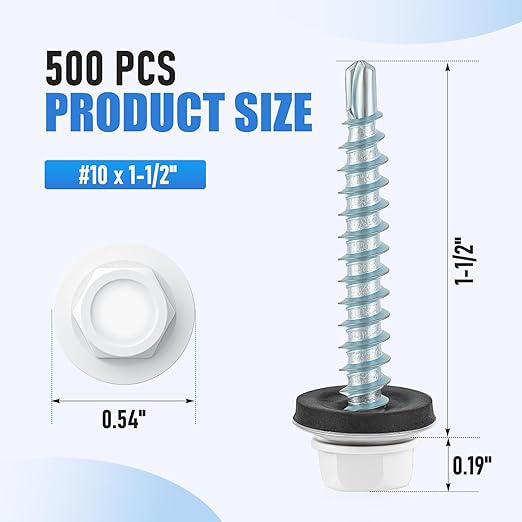 LEIFIDE 500 Pcs Metal Roofing Screws 10 x 1-1/2" Galvanized Hex Head Self Starting Metal to Wood Siding Screw(White)