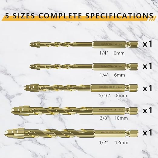 Masonry Drill Bit Set for Ceramic Tile, Concrete Drill Bit with Tungsten Carbide Tip for Marble, Cinder Block, Glass, Brick, Metal, Cement, Concrete, Plastic, Wood, Granite and Wall,5PCS