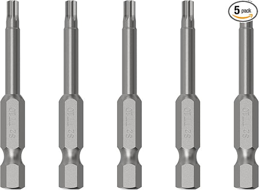 5PCS T10 Magnetic Tamper Proof Torx Screwdriver Bits, 1/4 Inch Hex Shank 2.6 Inch Length S2 Steel Security Drill Torx Head Drill Screw Driver Tools(65mm Long, Star 6 Point)