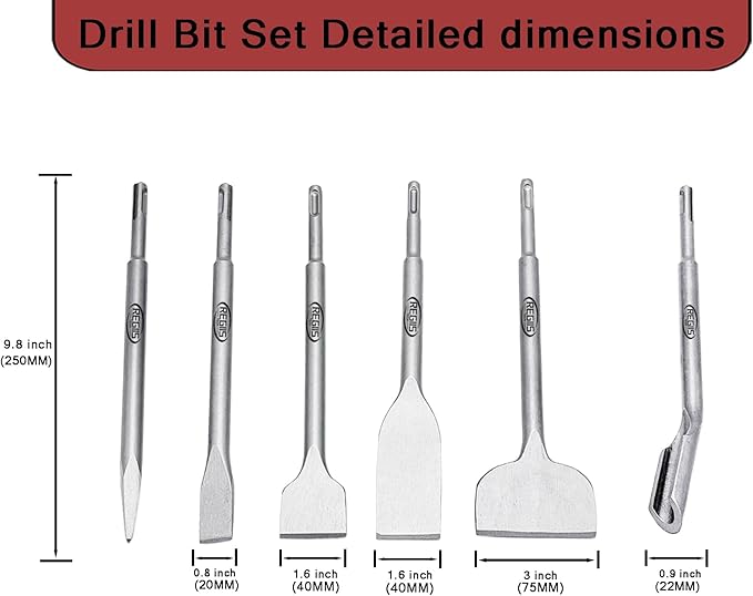 6 pcs SDS Plus Chisel Set, Masonry Concrete Drill Bit Set, Tile Removal Chisel Bits for Rotary Hammer with Point Flat Wide Inclined Grooving Scraping Scaling Removing Tile Thinset